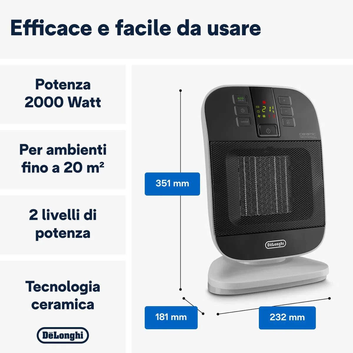 De'Longhi HFX60V20 Termoventilatore Verticale, Tecnologia Ceramica, Silenzioso, 2 Livelli di Potenza, Ventilazione Estiva, TIMER 24H, Funzione Eco-Energy, Luce, Anti-ribaltamento, Leggero, Nero