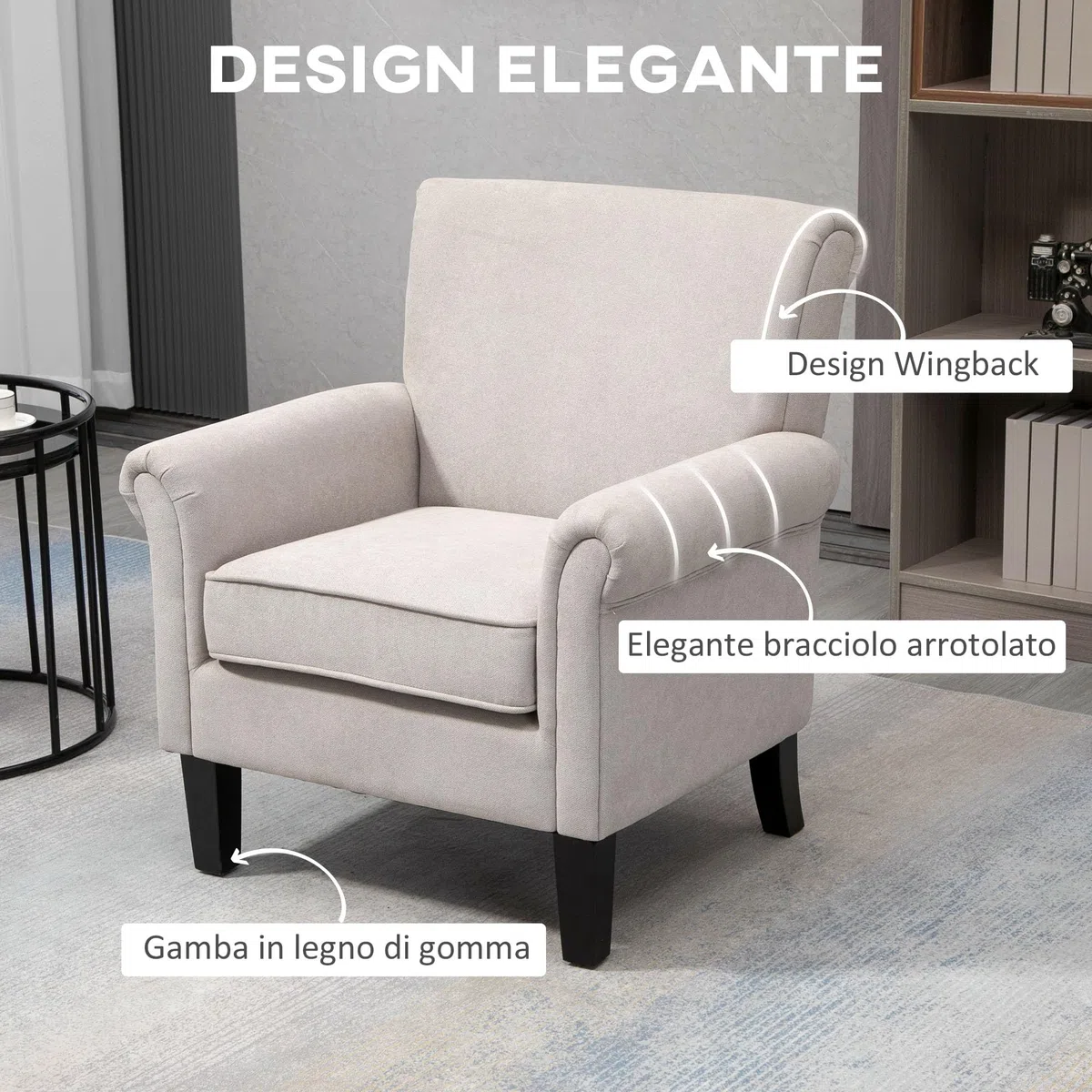 HOMCOM Poltrona d'Arredo in Stile Nordico con Braccioli, Poltrona Imbottita in Legno e Poliestere, 79x78x87 cm, Grigio e Marrone