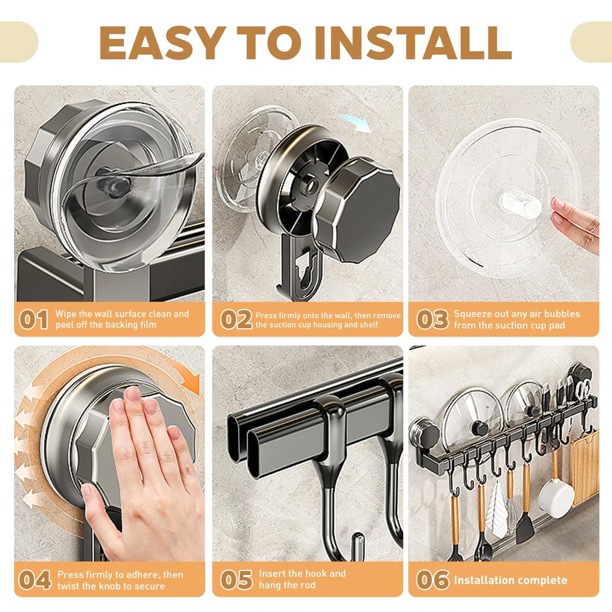 Barra Portautensili Cucina, Porta Utensili Cucina Senza Forare, Appendi Mestoli Doppia Barra a Ventosa, 8 Ganci, 40 cm, Portata 20 kg, Barra a Gancio Rimovibile per Cucina e Bagno