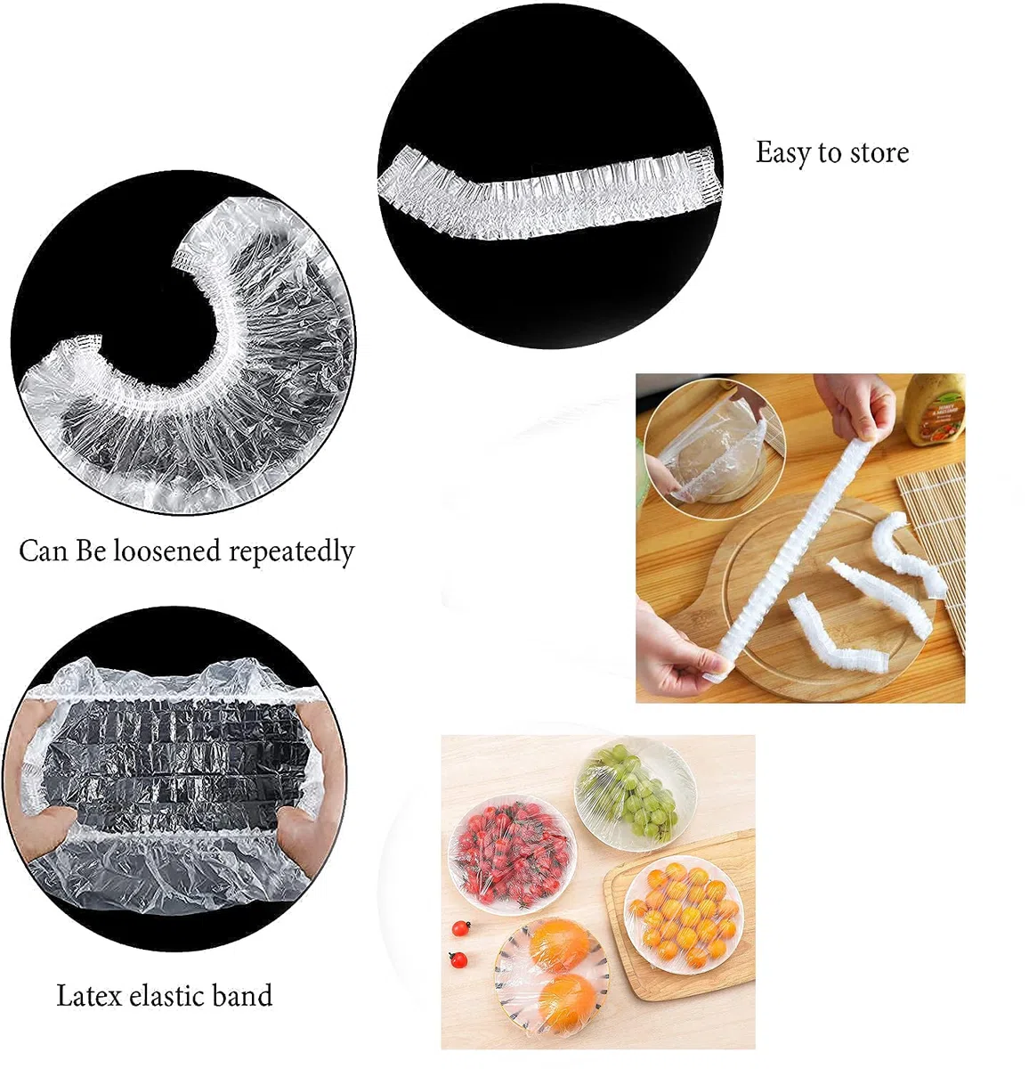 Coperchio Ciotola in Plastica 100 Pezzi,Tappi di conservazione freschi,Involucro di plastica PE Riutilizzabile Copri Ciotola per Alimenti Elastici Contenitori per Ciotole, Avanzi,Picnic All'aperto