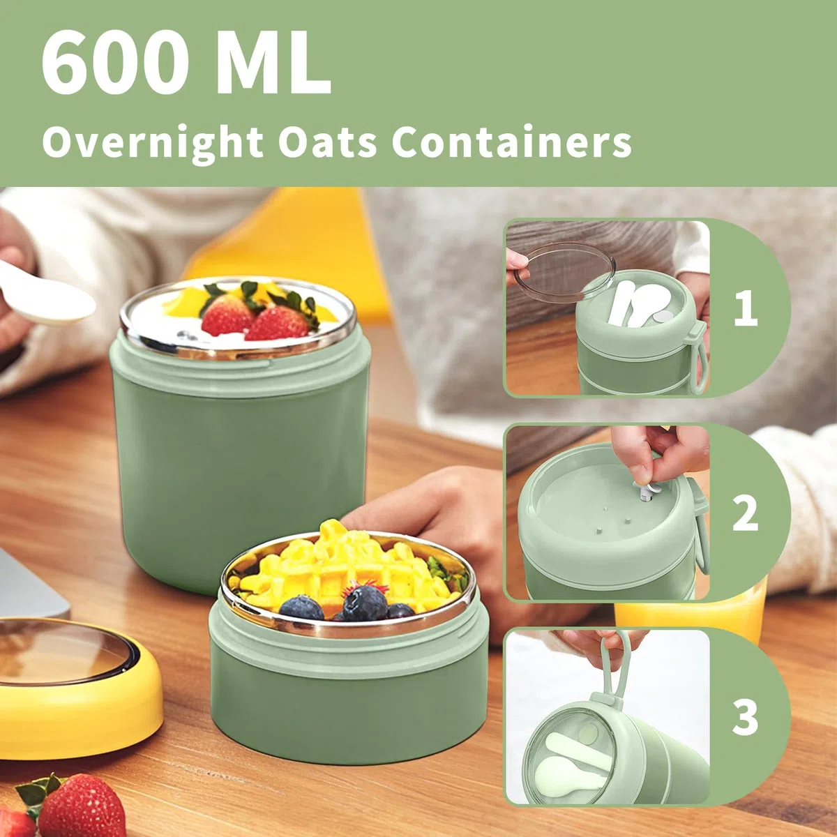 Tazza per Cereali 2 in 1, 600ml+210ml Tazza per Yogurt Portatile, Riutilizzabili Tazza di Muesli To Go per muesli, yogurt, pappe, porridge, avena notturna, gelati e zuppe (Verde)