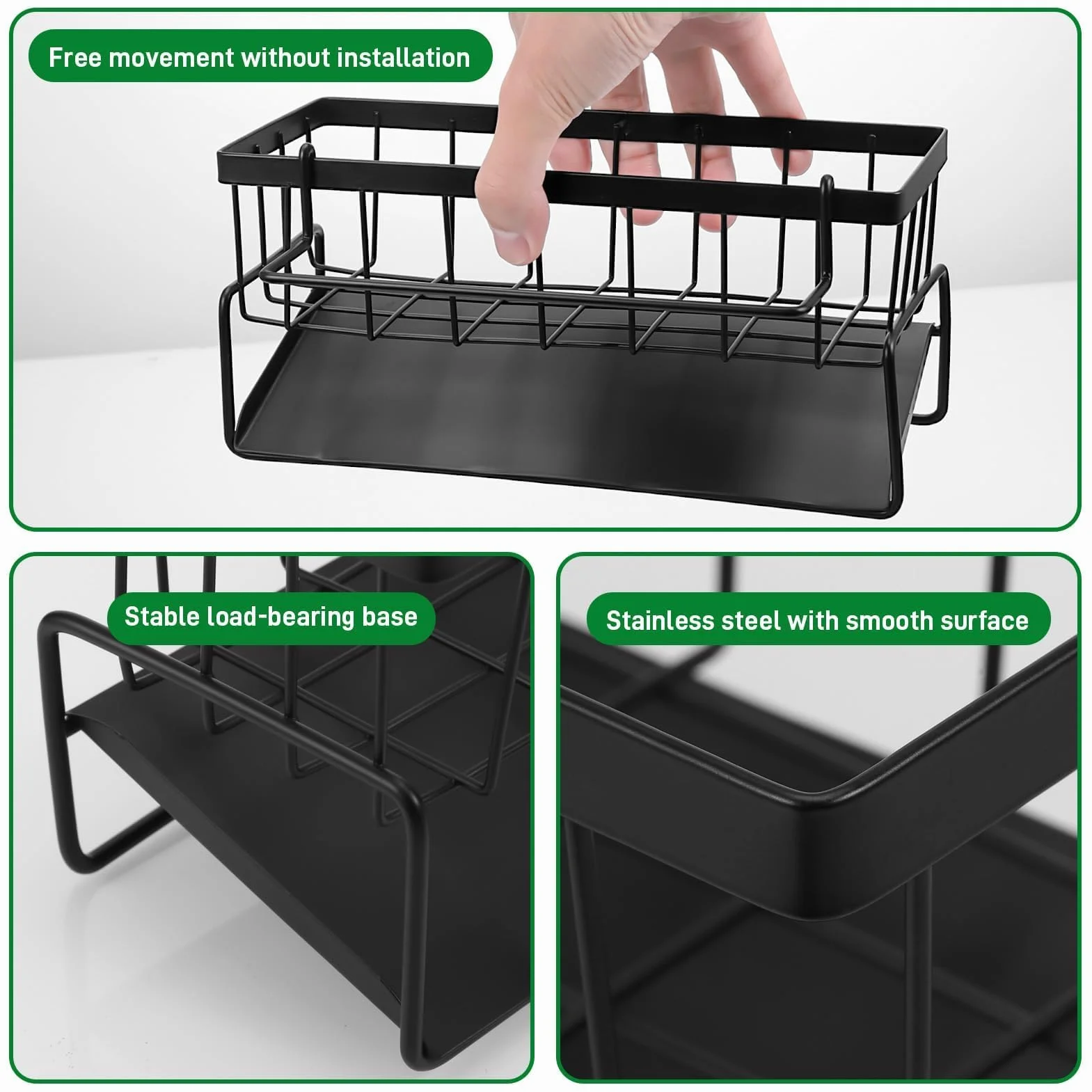 Porta Spugne Cucina Lavello, Acciaio Carbonio Organizzatore Lavello Cucina con Vassoio Gocciolamentoe Portasciugamani, Organizer Lavello Cucina per Spazzole Stracci Spugne, Nero
