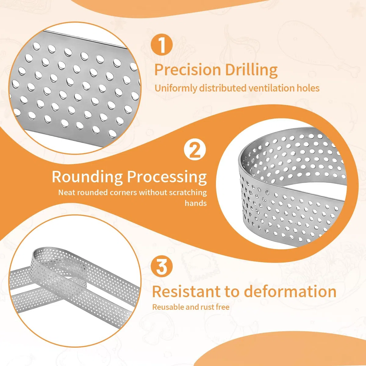 Set di 6 anelli per torta in acciaio inox, ovali, 13 x 4 x 2 cm, resistenti al calore, perforati per mousse, torte, tortine e dessert, durevoli, antiaderenti, ideali per idee creative
