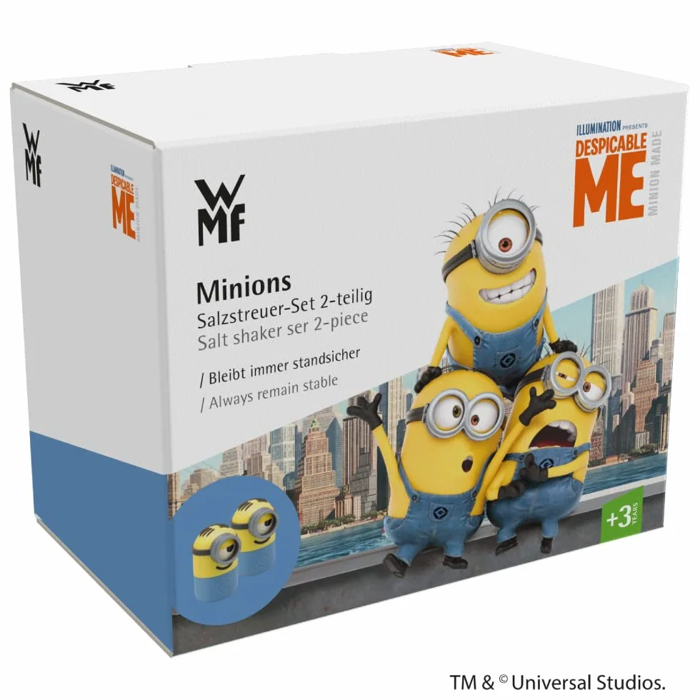 WMF Minions - Set di 2 pezzi, dai 3 anni in su, saliera e pepiera con meccanismo di ribaltamento, in plastica, senza bpa