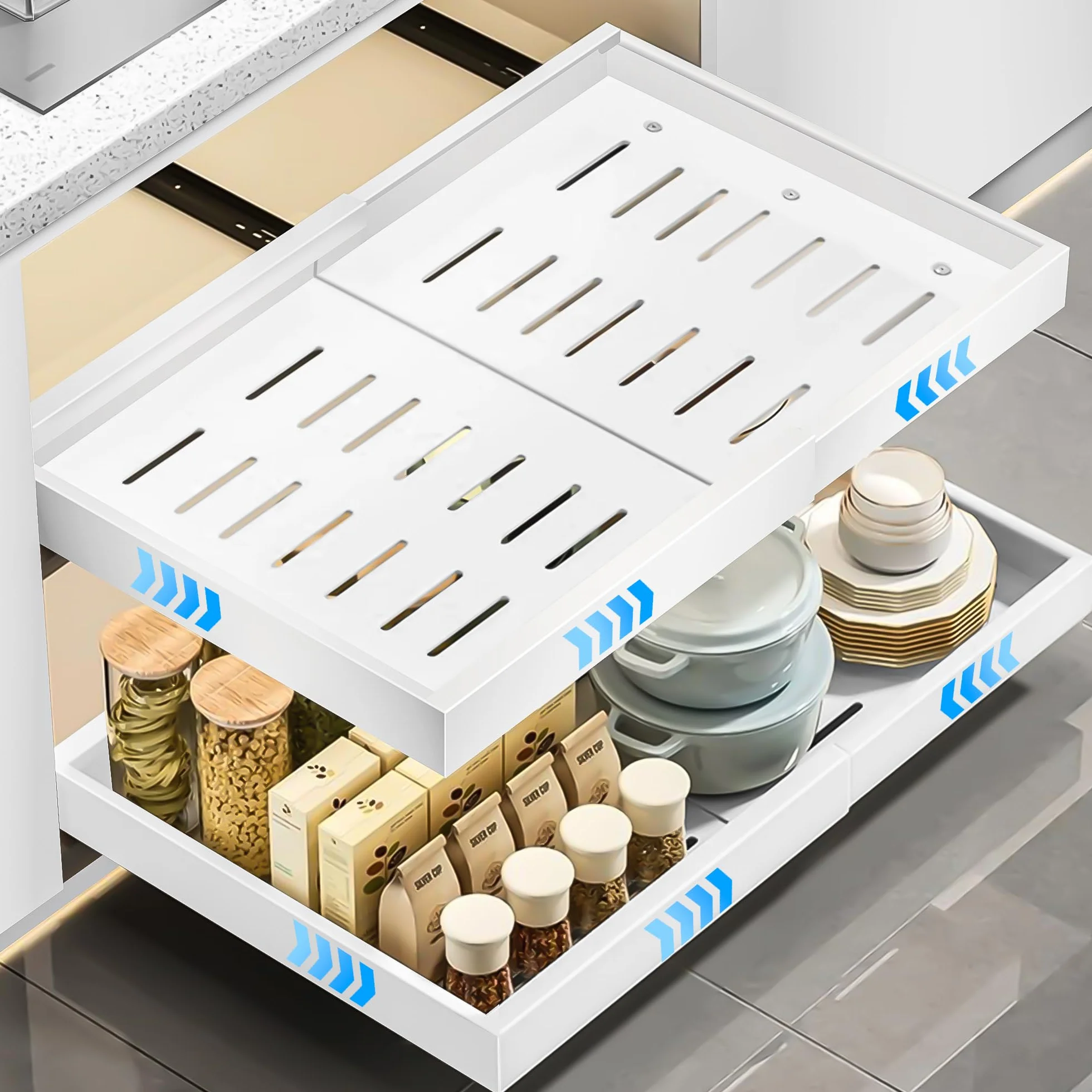 2 Pezzi Cassetto Estraibile Cucina, Organizer Cassetti Senza Forature e Chiodi, con Nastro Nano, Cassetto Telescopico da Incollare, Aggiorna 3 Tracce, (32-52 cm L x 53 cm P x 7.5 cm A), Bianco