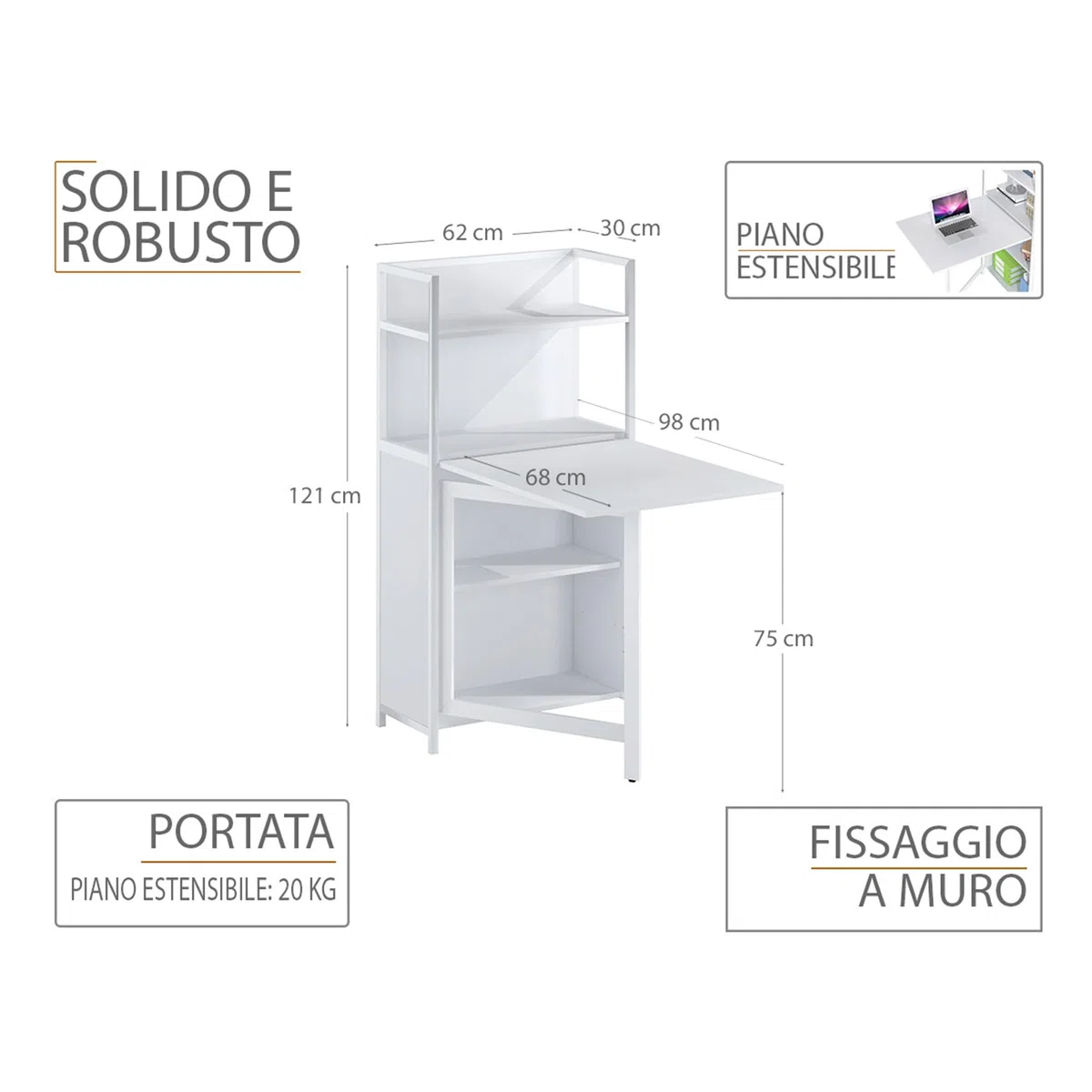yelloo - Scrivania Salvaspazio Piccola, Scrivania Bianca con Cassetti per Ufficio, Cameretta, Tavolo Scrivania a Muro dal Design Semplice Ideale per Zona Studio e Smart Working (Mod. COMPACT)