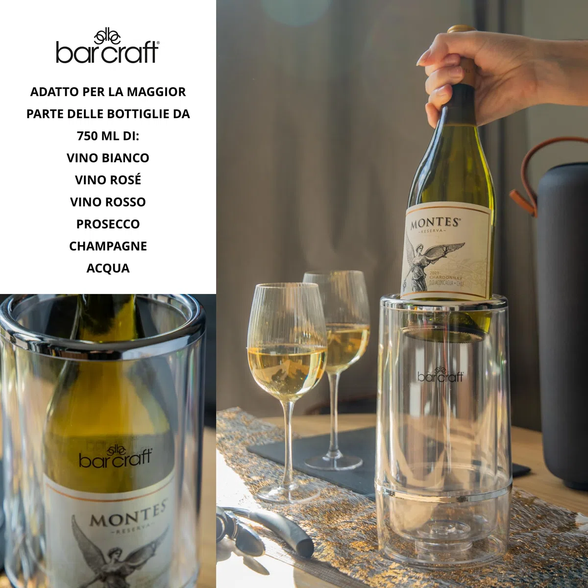 BarCraft Refrigeratore Isolato, Bottiglia Singola, Acrilico con Dettagli Cromati, 12 x 12 x 23cm, Trasparente/Acciaio