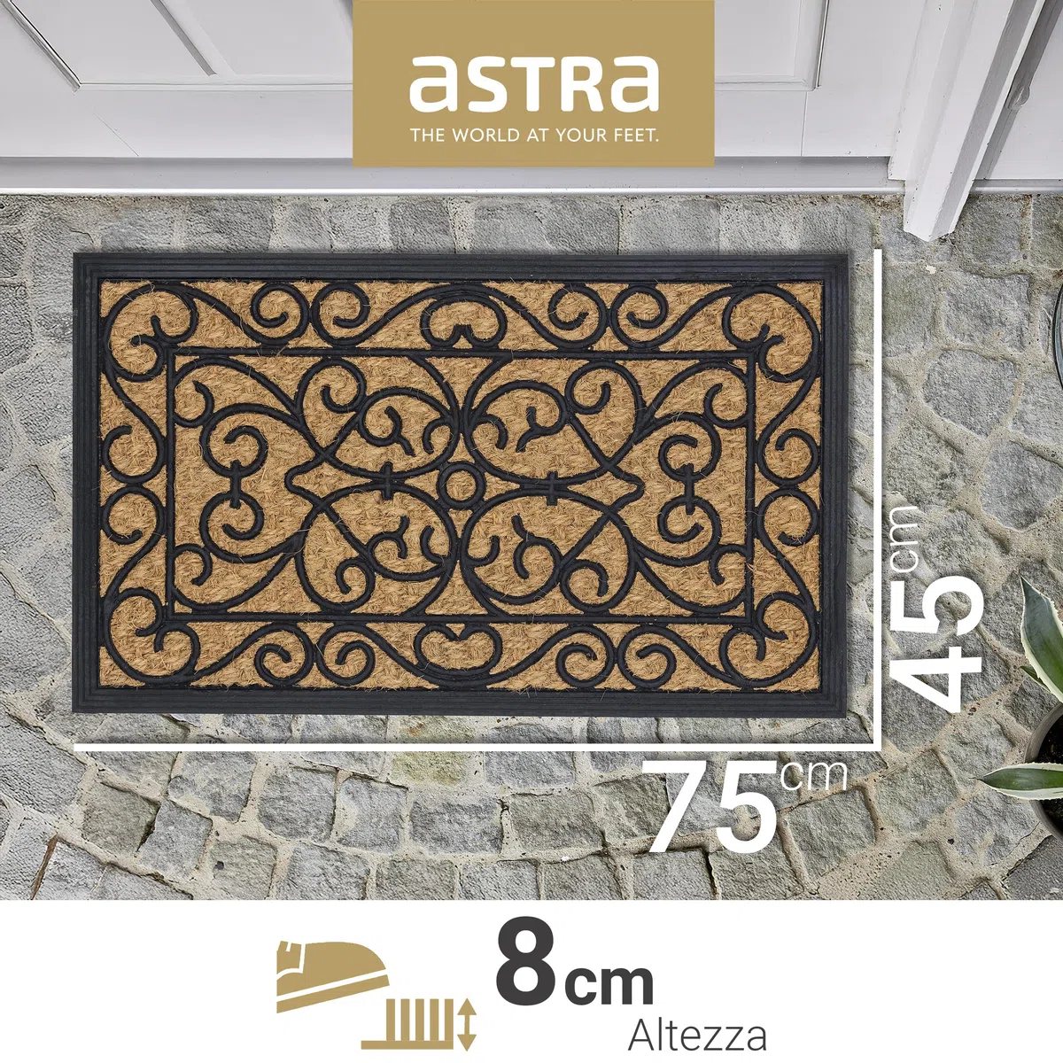 Astra Zerbino antiscivolo per esterni resistente alle intemperie - Coco Deluxe zerbino d'ingresso in gomma e cocco - 45x75 cm set di 2 Rilievo