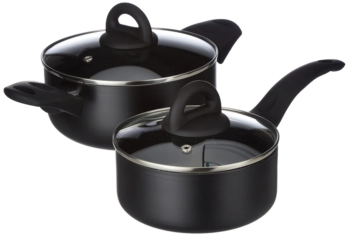 Tognana Rock In Black, Batteria di pentole e padelle, Set con 1 padella, 1 saltapasta, 2 casseruole, 1 pastaiola, 3 coperchi trasparenti, 8 Pezzi, Alluminio, Nero