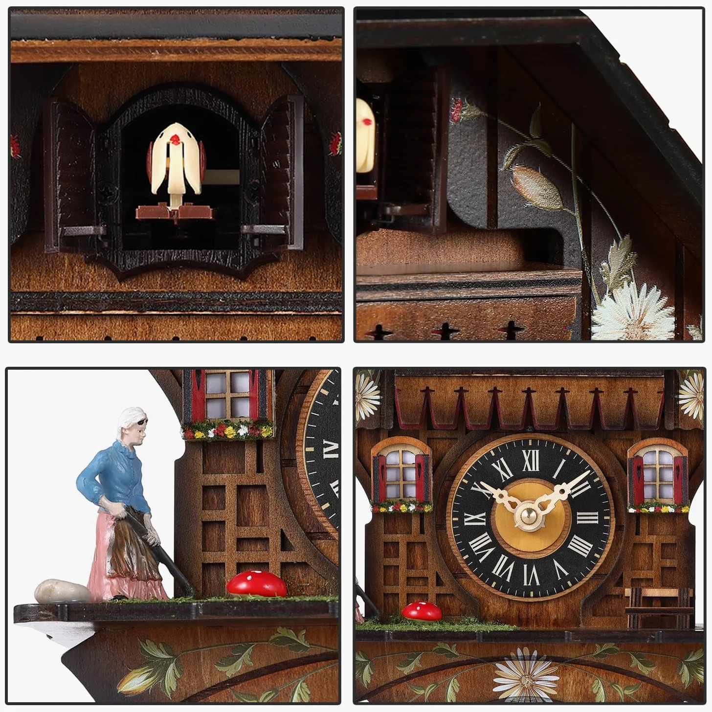 Kintrot Orologio a cucù tradizionale della Foresta Nera artigianale in legno orologio da parete al quarzo con 12 melodie