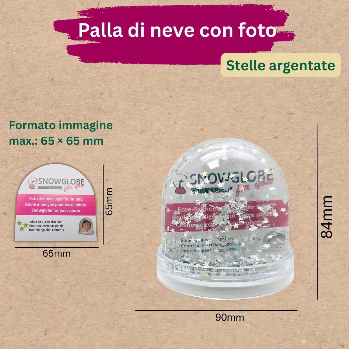 Globo di neve grande | contenuto argento stelle | con 2 x immagini | base trasparente | sfera di neve glitter | larghezza 9 cm altezza 8 cm 2 pagine da colorare | cornice regalo foto | 50011
