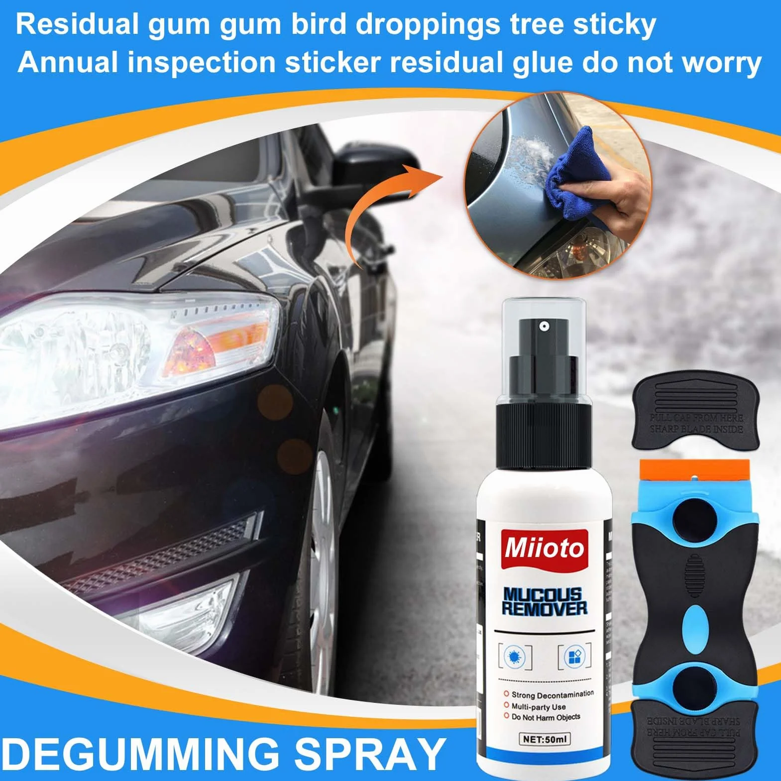 Miioto Rimuovi Colla, Rimuovi Colla Adesivi, Spray Togli Colla e Adesivi, Dotato di Raschietto Multiuso, Rimuove Rapidamente Etichette Ostinate e Residui di Colla da Tutte Le Superfici - 50ML
