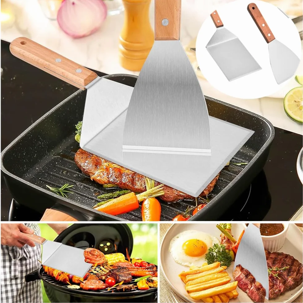 Spatola da Grill Professionale 2Pcs Acciaio Inox Manici Legno Pressa Hamburger Teppanyaki Barbecue Bistecca Pizza