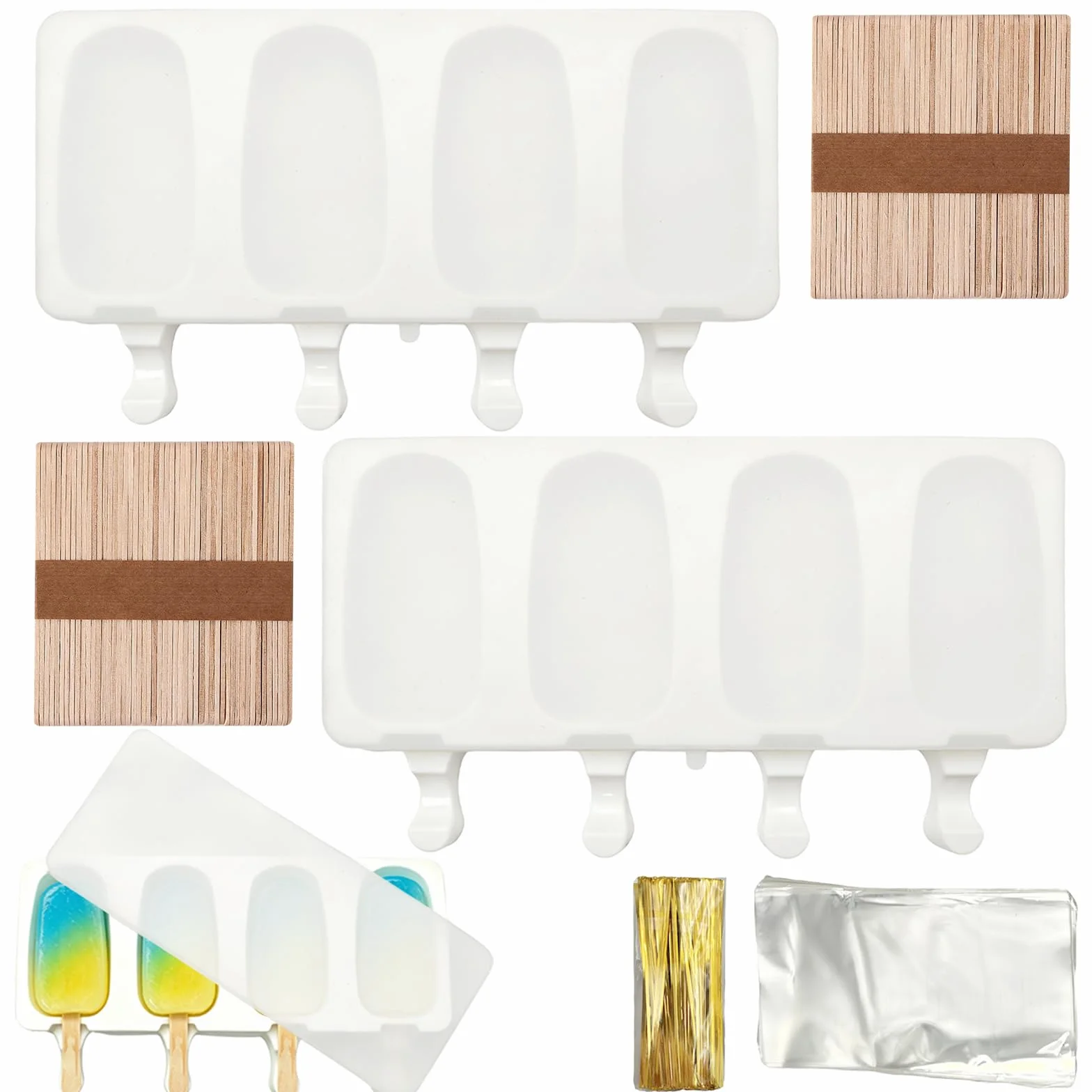 Set Stampi per Ghiaccioli, Stampini Gelato, Stampo Gelati senza BPA, con accessori (100 bastoncini + 100 sacchetti OPP + 100 laccetti di chiusura) (C)