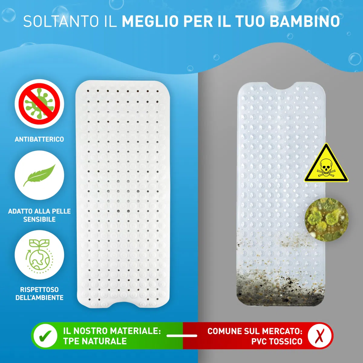 FLIPLINE - Tappetino per vasca da bagno Natura sensibile alla pelle, 100% senza BPA [100 x 40 cm] – non PVC – Tappetino antiscivolo per bambini e neonati