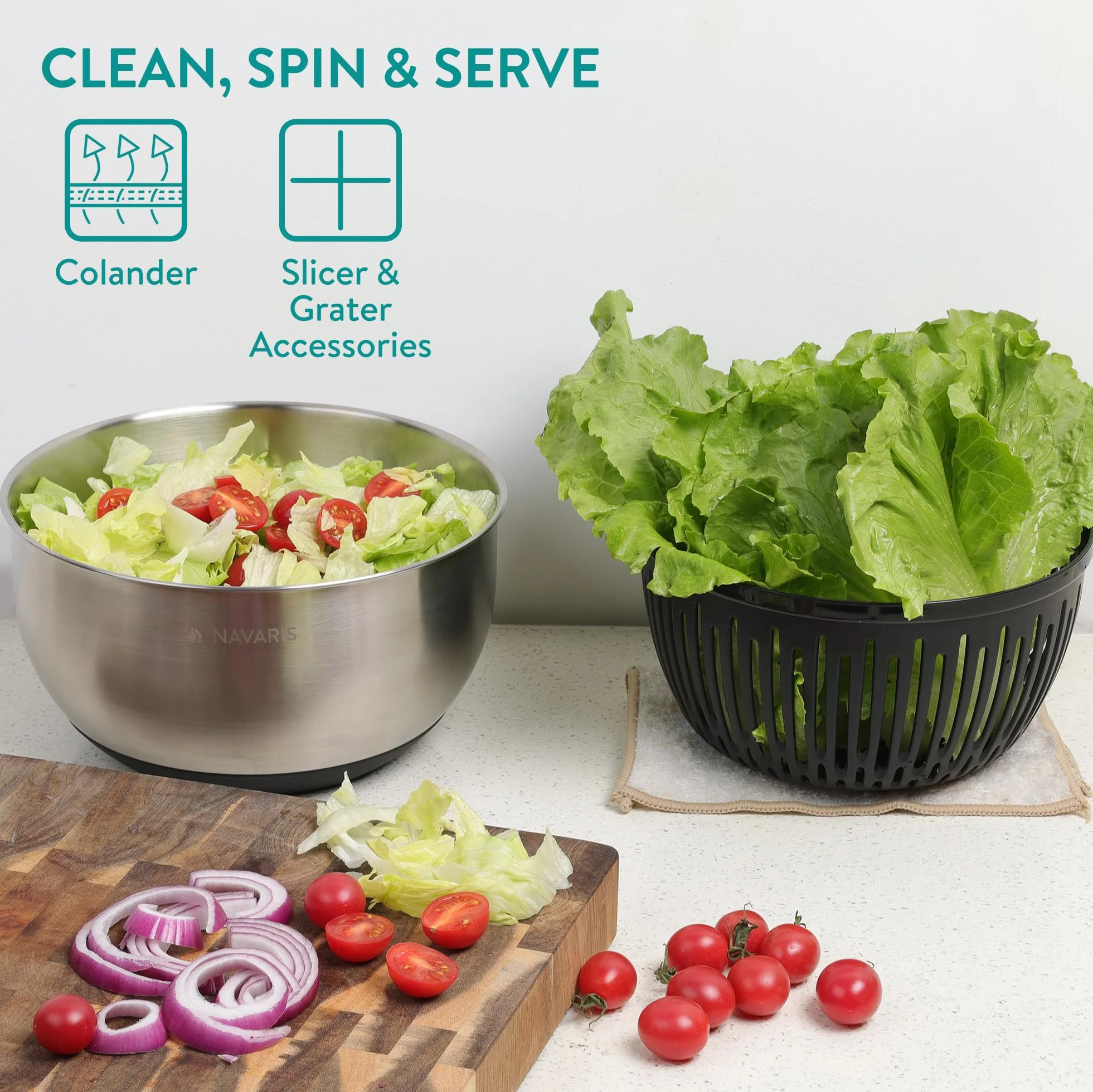 Navaris Centrifuga per Insalata con Coperchio - Gira Insalata in Acciaio Inox - Asciuga Insalata - Lavaggio Asciugatura e Rotazione Facili - con Dischi per Grattugiare e Tagliare