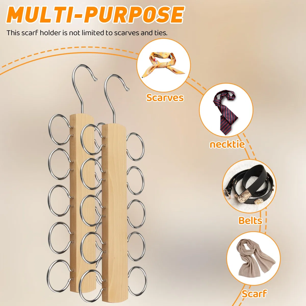 Supporto per sciarpe, in legno, con 10 fori, per guardaroba, cravatte, cinture, sciarpe, accessori (marrone, 2)