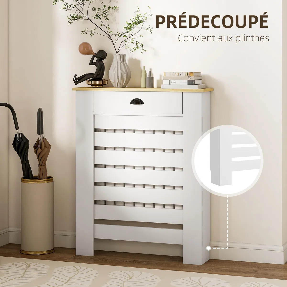 HOMCOM Copriradiatore, schermo per radiatore, griglia a lamelle orizzontali, con cassetto, per soggiorno, camera da letto, corridoio, legno, 78 x 19 x 95,5 cm, bianco