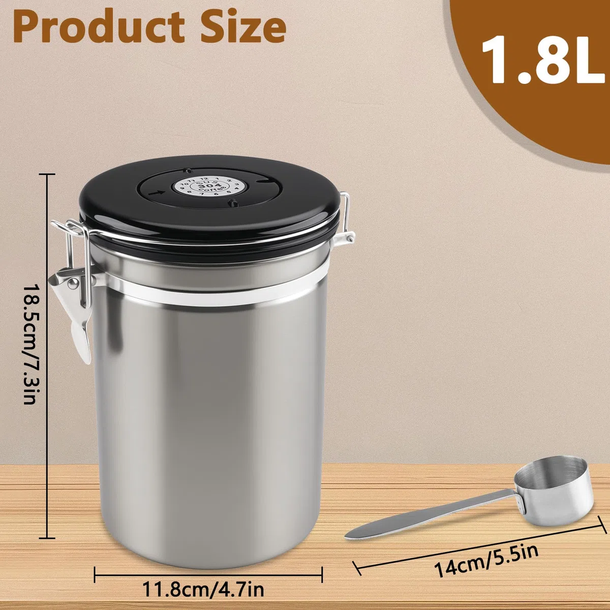 1,8 L Barattolo Caffe Ermetico, Inossidabile 304 Contenitore per Caffè - Barattolo per Caffè, con Un Quadrante Della Data e Cucchiaio, per Farina, Fagioli, Tè, Cereali e Zucchero (Grigio)