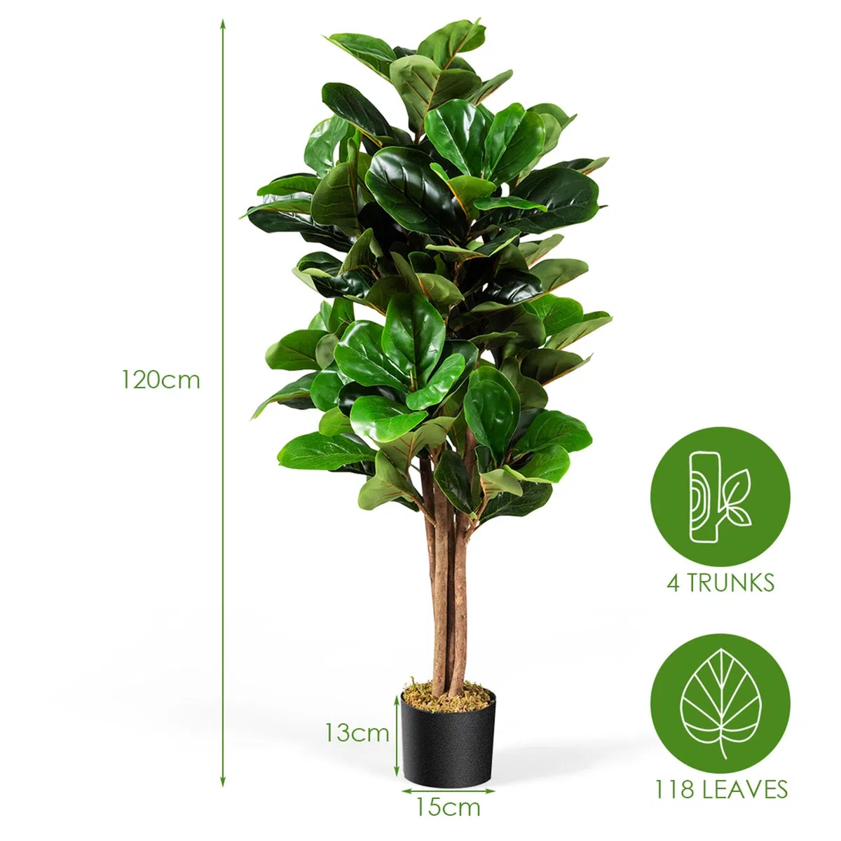 COSTWAY Ficus Lyrata Artificiale da 1,2 Metri, Pianta Finta con Foglie Realistiche in PEVA, Pianta Artificiale da Interno ed Esterno con Vaso in PP, Ideale per Casa e Ufficio
