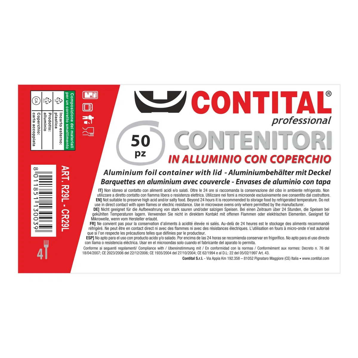 CONTITAL R29L Vaschette Alluminio Grandi 4 Porzioni con Coperchio | Teglie Monouso per Microonde, Contenitori Asporto, Linea Professionale - 50 Pezzi