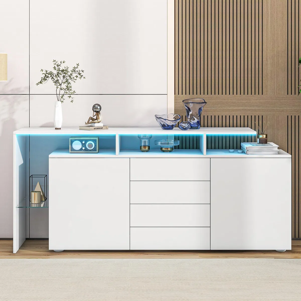 Credenza Soggiorno Moderno Lucida, Credenza Cucina Bianca con LED, Mobile Soggiorno Contenitore Buffet Cucina Salvaspazio con 2 Ante e 4 Cassetti, con Divisori in Vetro, Bianco, 160x35x70cm