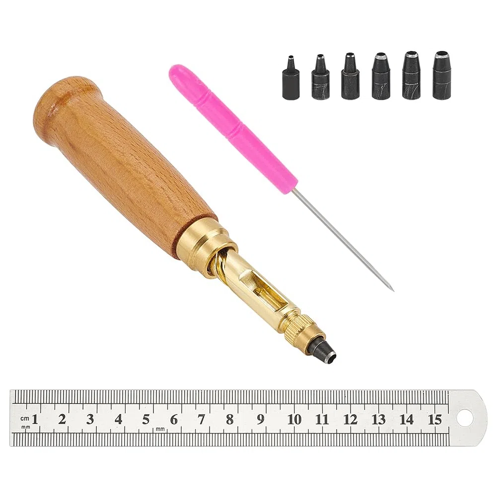 FINGERINSPIRE Set di perforatori giapponesi regolabili con tappo a vite, manico in legno in ottone con 6 punte e manico in plastica punteruoli in perle di ferro e righello in acciaio inox