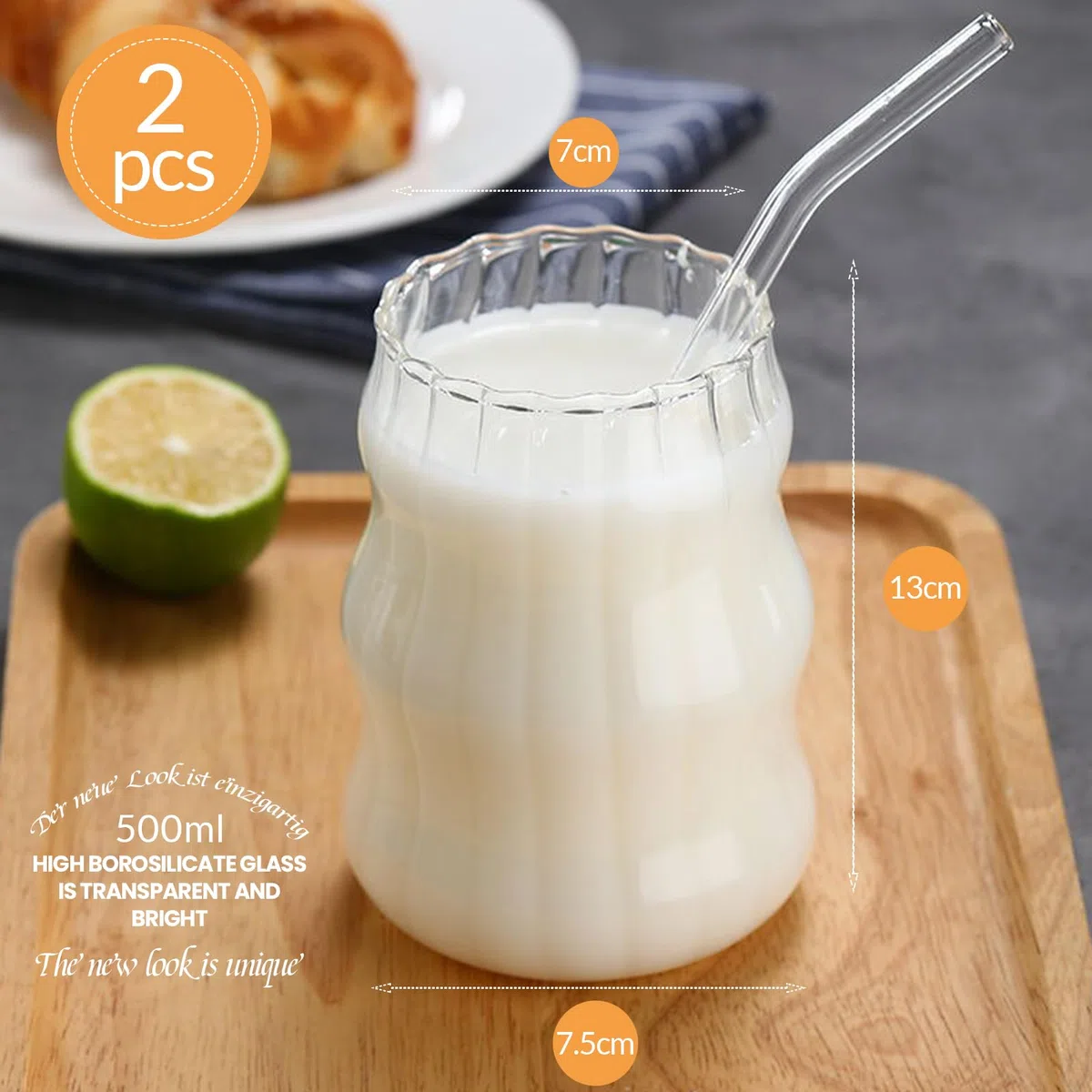 2PCS Bicchieri con Coperchio e Cannuccia in Vetro Stile Vintage,500ML Bicchiere da Long Drink con Cannuccia, Cocktail Vetro, Bicchieri da Caffè Adatto Frappè