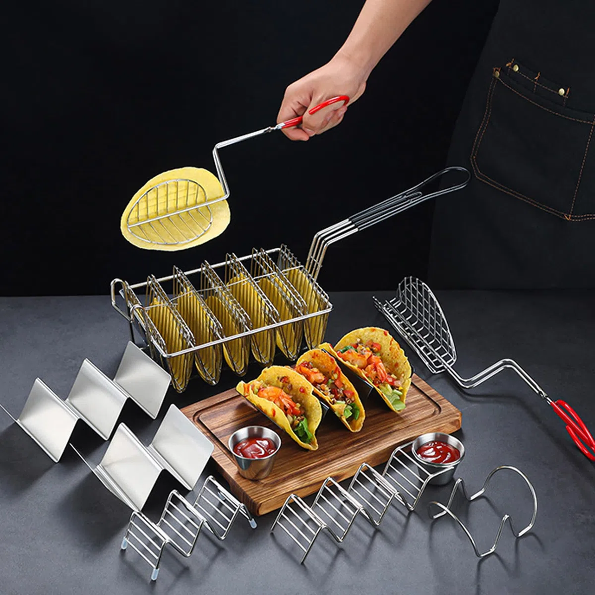 8 Shells cesto friggitore taco, cesto di burritos a manico lungo in acciaio inossibile per snack bar per ristoranti per burritos e tortillas