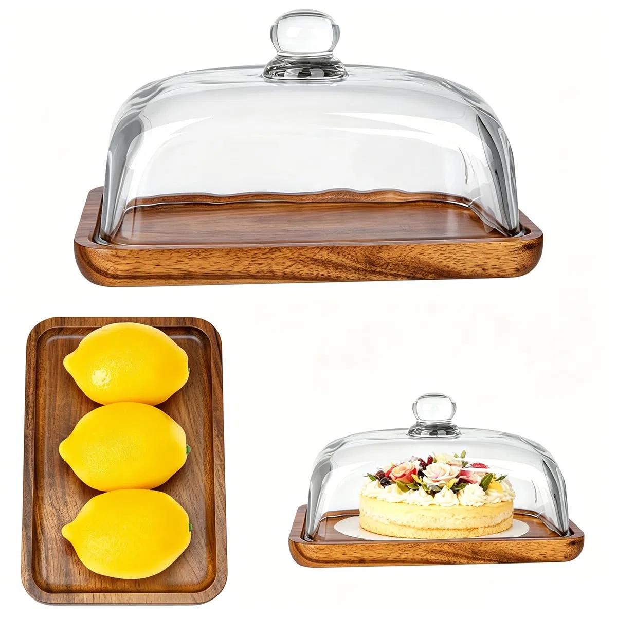 Alzata rettangolare in legno con cupola in vetro, grande mini supporto per torte con campana in vetro trasparente, vassoio per torte, per cucina, feste di compleanno, matrimoni, CAKE-FANG01