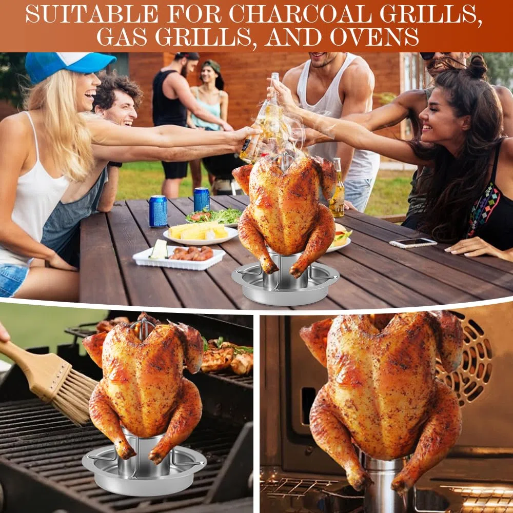 Supporto Pollo Bbq In Acciaio Inox,Griglia per Pollo Barbecue con Vassoio,Teglia per Pollos Girarrosto,Supporto per Cucinare,Porta Arrosto Antiaderente,Roaster Rack Verticale per Forno, Grilling
