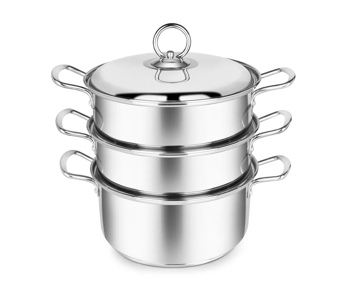 Penguin Home® Set per cottura a vapore a 3 livelli 3 litri 20 cm | Cassaforte a induzione | Piroscafo per alimenti a tre livelli in acciaio inossidabile |Piroscafo da cucina per cucinare |