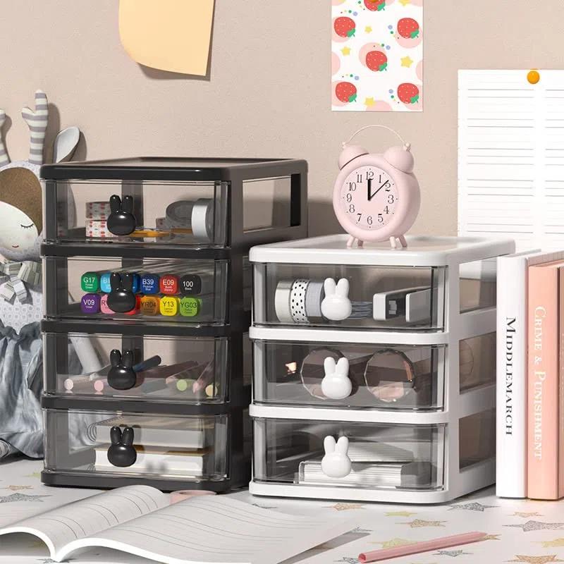 Mobile da tavolo con cassetti per archiviazione, organizer per articoli di cancelleria e arte, con adorabile maniglia a forma di coniglio, per ufficio, camera da letto e garage (Rosa, 3 livelli)
