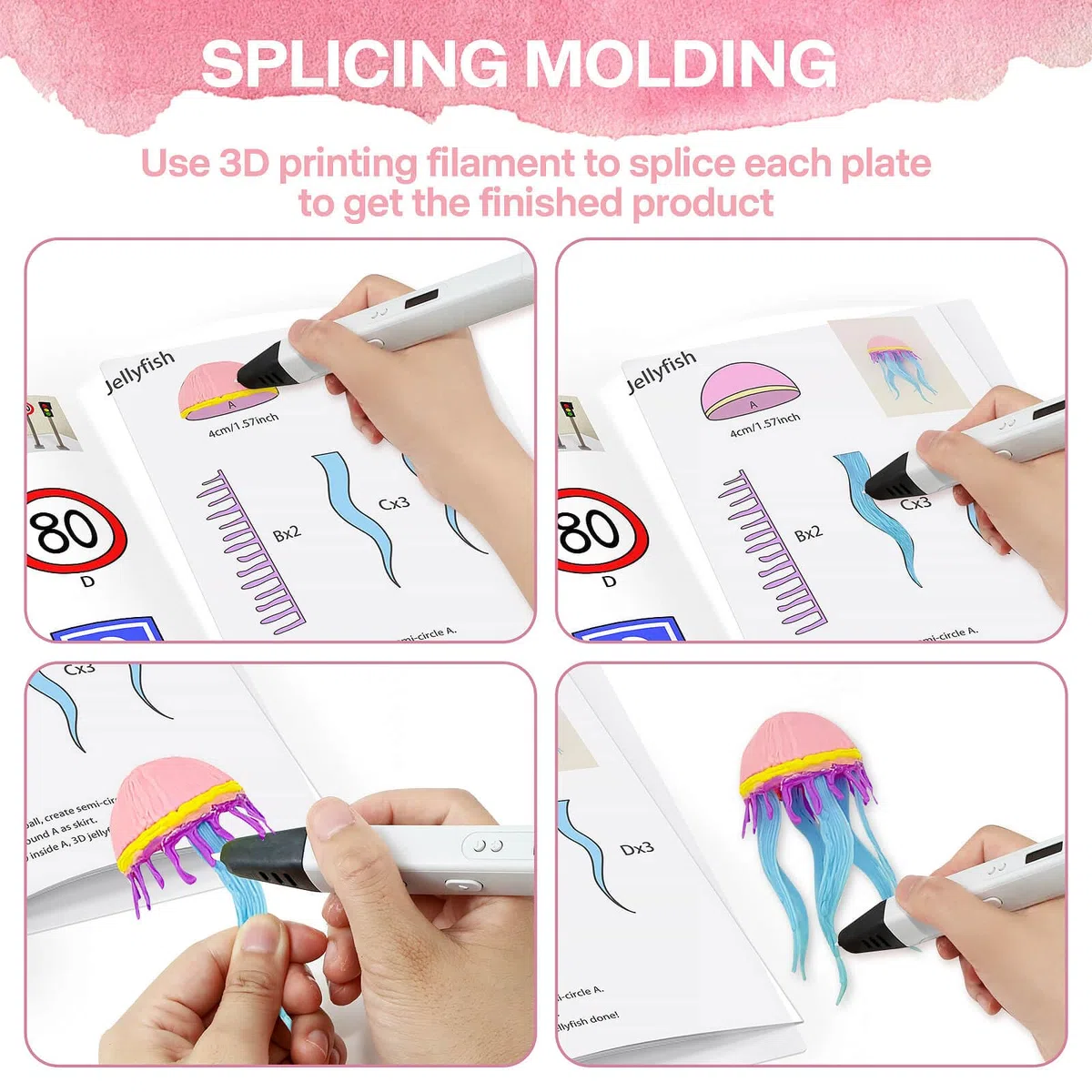 Dayker Libro di disegno con penna 3D, 40 modelli riutilizzabili per dipingere graffiti con tavola trasparente in PVC, stencil in carta spessa per arte 3D per principianti e artisti, regali fai da te