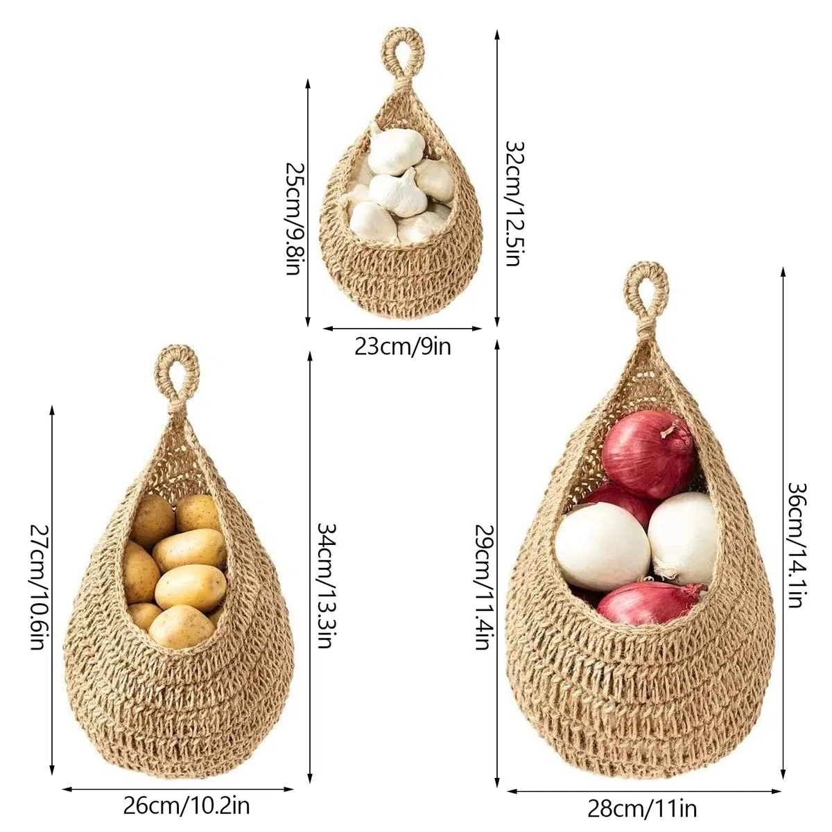 Cestini di Frutta da Appendere (Set di 3), Cestini da Appendere in Iuta, Cestini Portaoggetti da Appendere Intrecciati a Mano per Cucina Domestica Cesto Portaoggetti da Parete Frutta Verdura Snack