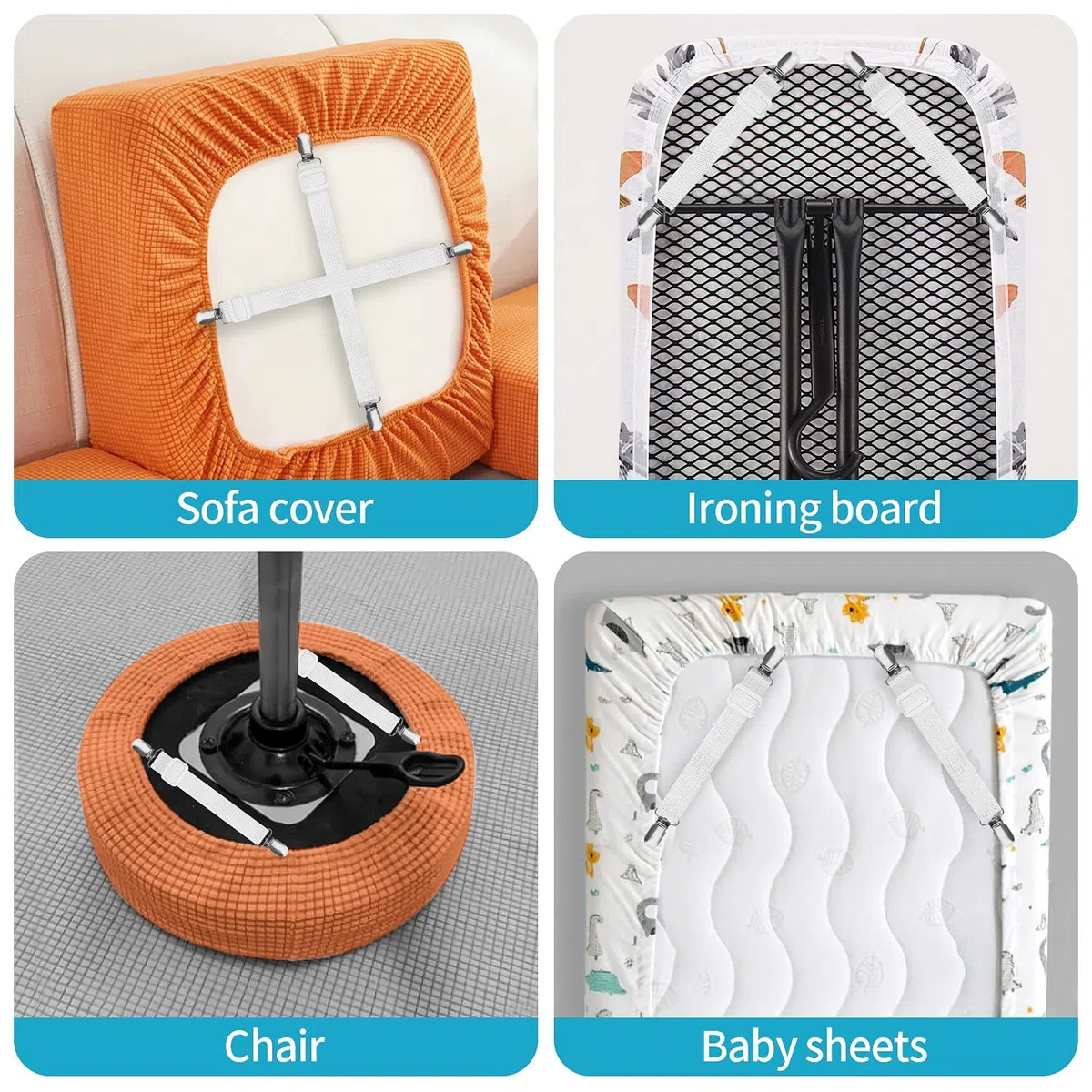 KEELYY Clip Lenzuola, 8 Pezzi(15cm-100cm) Bretelle Elasticizzate Regolabili, Cinghie Elastici con Clip in Metallo per Fissaggio Angoli Lenzuola, coprimaterassi, Letto o Divano - Bianco