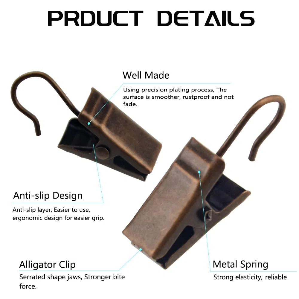 WMYCONGCONG 100 clip per tende con ganci, piccoli ganci resistenti, per luci per feste, per tende, foto, decorazione per la casa, doccia, drappeggi, artigianato, esposizione (rame antico)