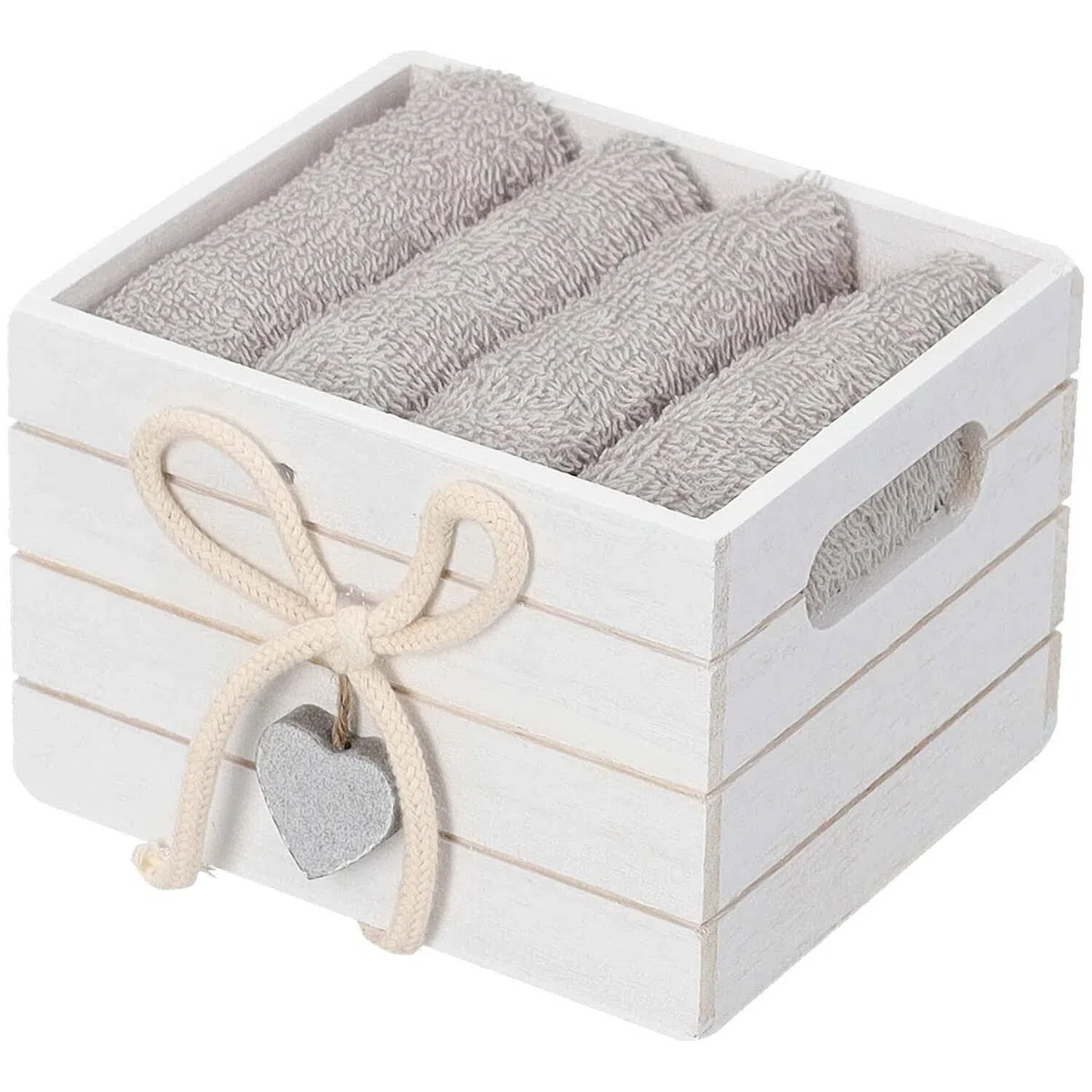Set 4 Lavette Bagno con Cestino in Legno Bruges Asciugamani Piccoli Ospiti con Cestino. - Bianco