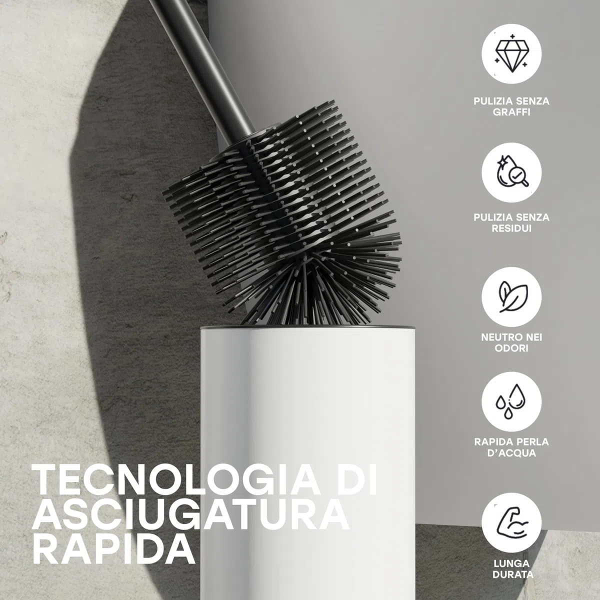 SAVEGA - Scopino WC in acciaio inox e silicone – Scopino WC con supporto discreto – Spazzola WC di alta qualità con paraspruzzi – Porta spazzola antibatterica – Spazzola WC (bianco)