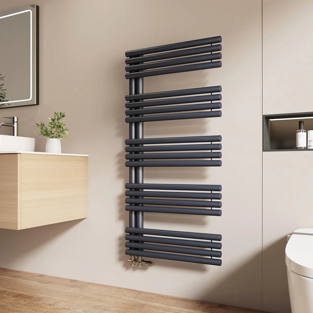 EMKE Scaldasalviette termoarredo a acqua calda per bagno, 1265 x 600 mm, Tubo rotondo Porta asciugamani, Scaldasalviette con attacchi laterali,Antracite 776W