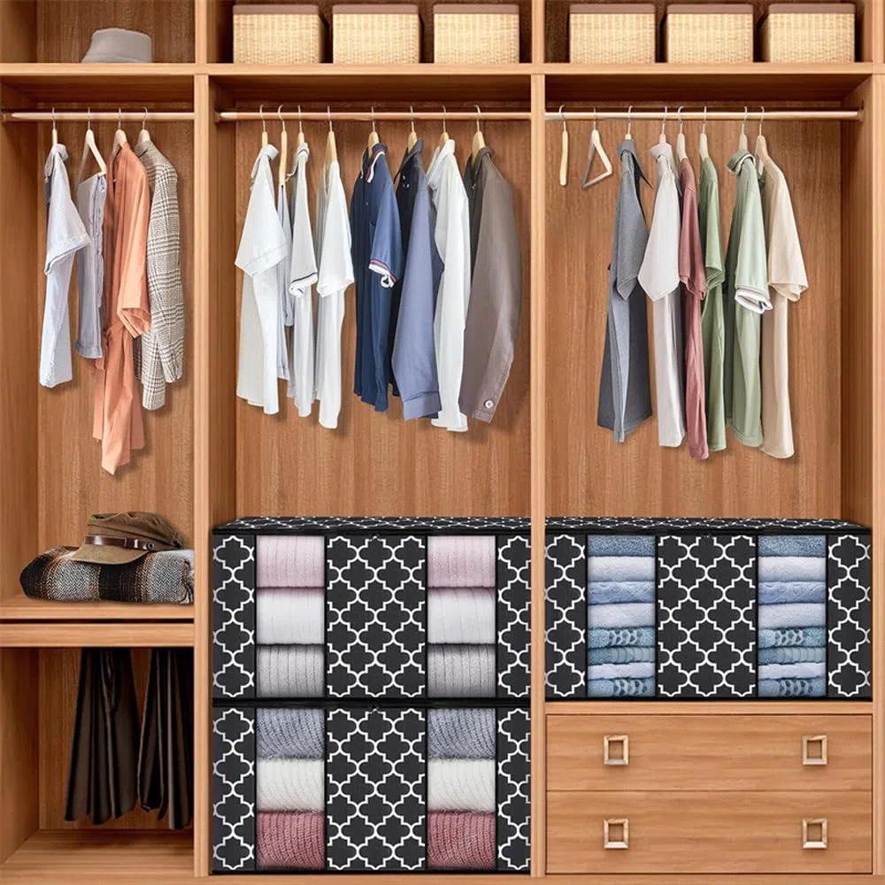 Scatole per Armadio Salvaspazio 102L, 3 PCS per Vestiti Cambio Stagione Pieghevole Traspirante Tessuto, Custodie Organizzatore con Cerniera per Trapunte Coperte Biancheria da Letto - 63*45*36cm