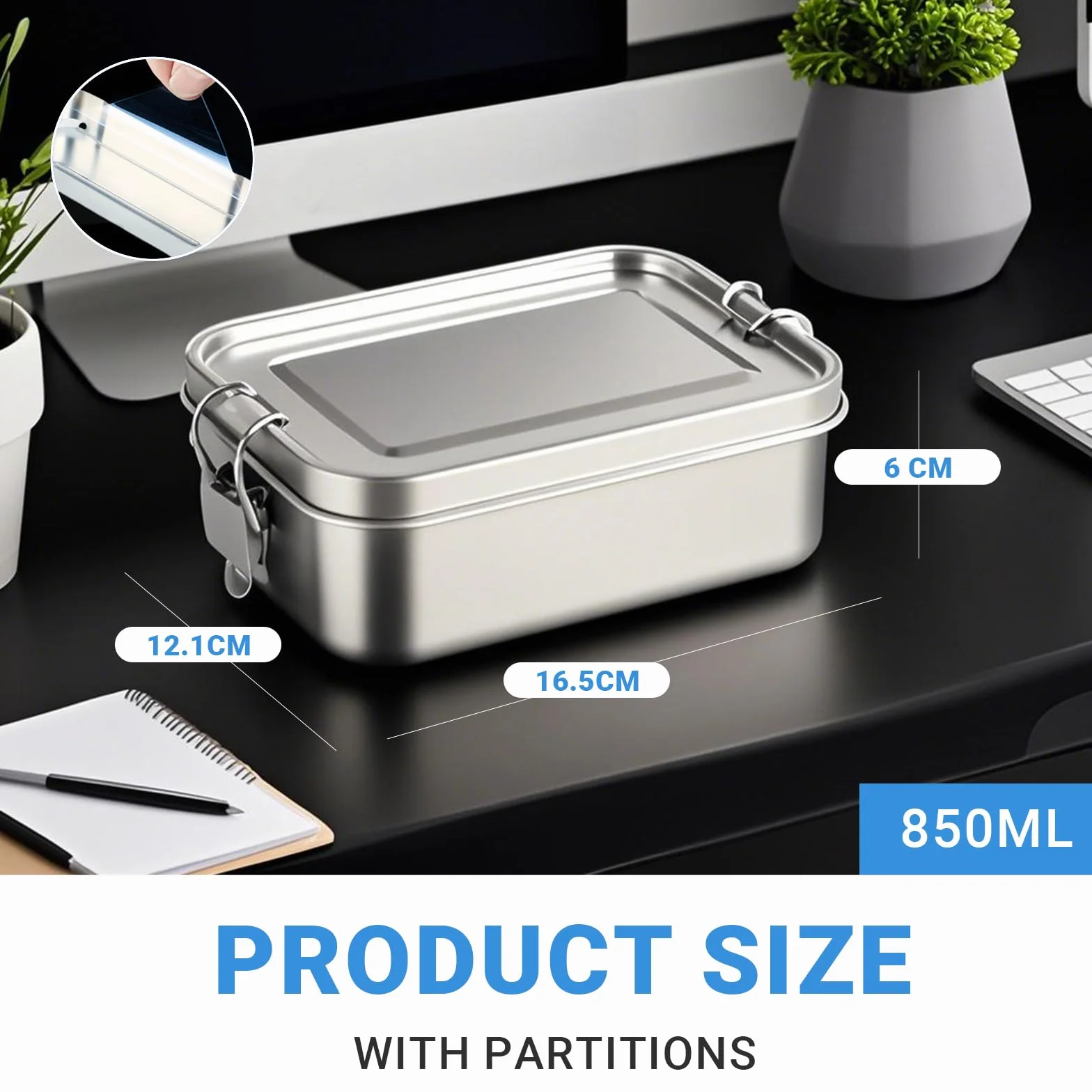 Lunch Box in acciaio inossidabile 850ml - Porta pranzo antiperdite con 1 scomparto - Ideale per bambini scuola lavoro e picnic - Lunch box impermeabile e riutilizzabile