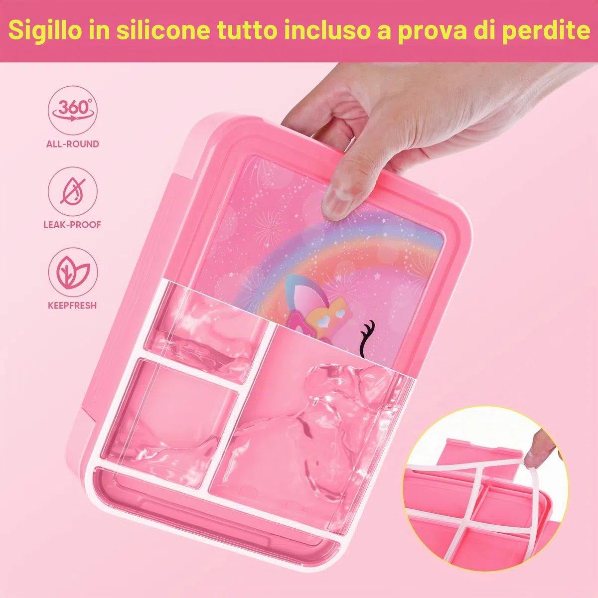 JYPS Porta Merenda Bambino, 1330ml Porta Pranzo Bambini, Lunch Box Bambina Con 6 Scomparti, Portamerenda Bambina Per Scuola, Portavivande Con Posate, Bento Box Senza BPA (Unicorno)