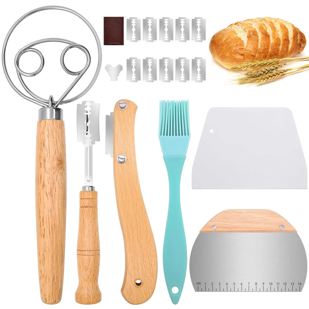 Set di 6 Taglierino per Pane - incl. Lama per Pane con 10 Lametta Sostituibili & Custodia Protettiva, Frusta Danese a Mano, 2 Spatola per Pasta, Pennello, Accessori per Panificazione