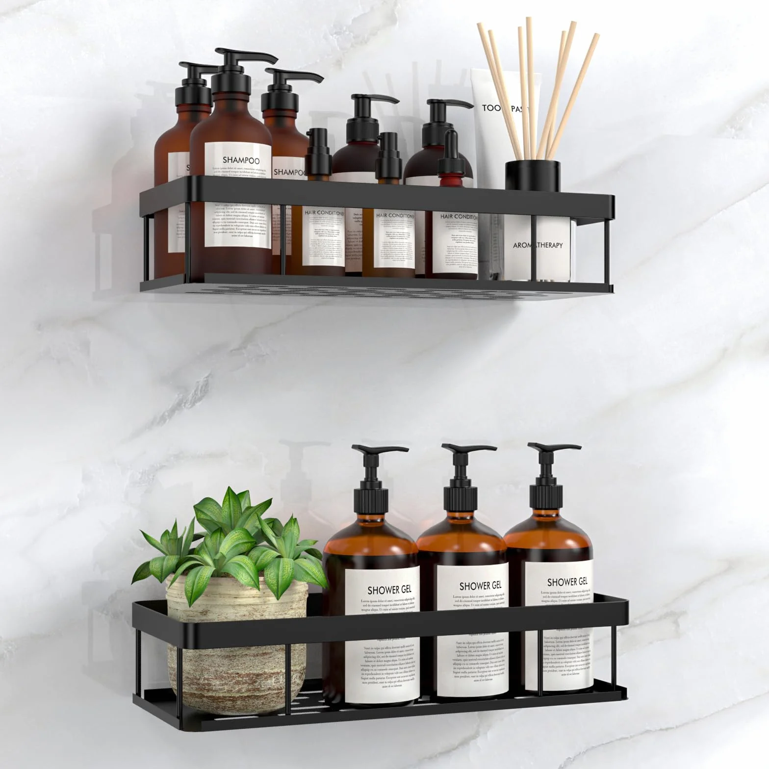 Mensola Doccia Senza Foratura, Impermeabile e Antiruggine, Porta Bagnoschiuma Shampoo da Doccia, 2 Pezzi Organizer Doccia, Nero (Stile A-2)