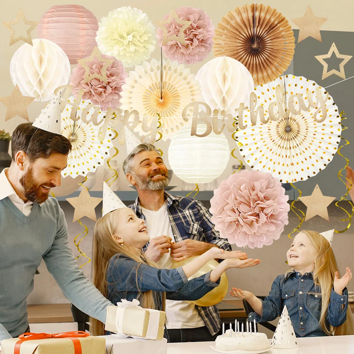 Decorazioni per feste di compleanno in oro champagne – 29 pezzi beige crema retrò decorazioni autunnali per donne e ragazze: striscioni Happy birthday, strisce di carta, pompon – ZERODECO