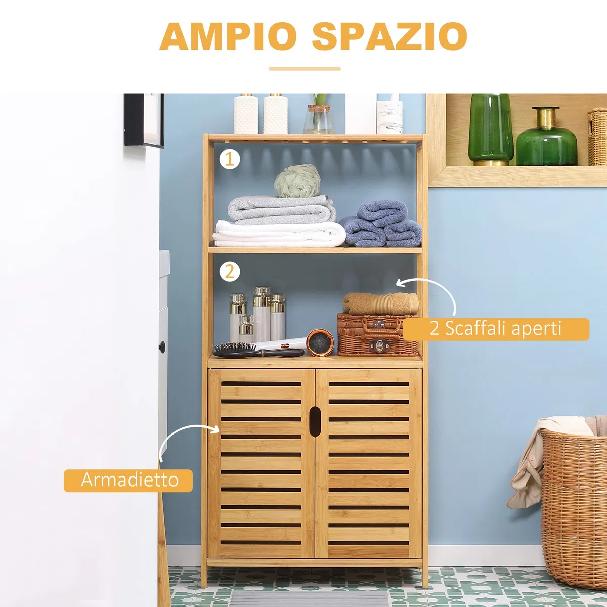 kleankin Mobiletto Bagno con 2 Ripiani Aperti e Armadietto a 2 Ante, Mobile Salvaspazio in Bambù 60x30x120cm, Naturale