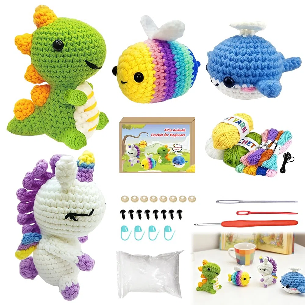 Gobesty Kit Uncinetto Principianti, Carino Uncinetto Set con Accessori, DIY Crochet Kit per Adulti e Bambini, Ideale Come Regalo, Hobby Creativi Adulti (Api/Dinosauri/Balene/Unicorni)