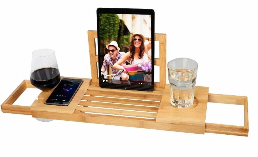 alpina Vassoio Vasca da Bagno Regolabile - Vassoio Portaoggetti 50-92 x 18 x 4 cm - Mobile Bagno Bambù con Supporto per Libri e Supporto per Tablet - Incl. Porta Bicchieri - Accessori Bagno
