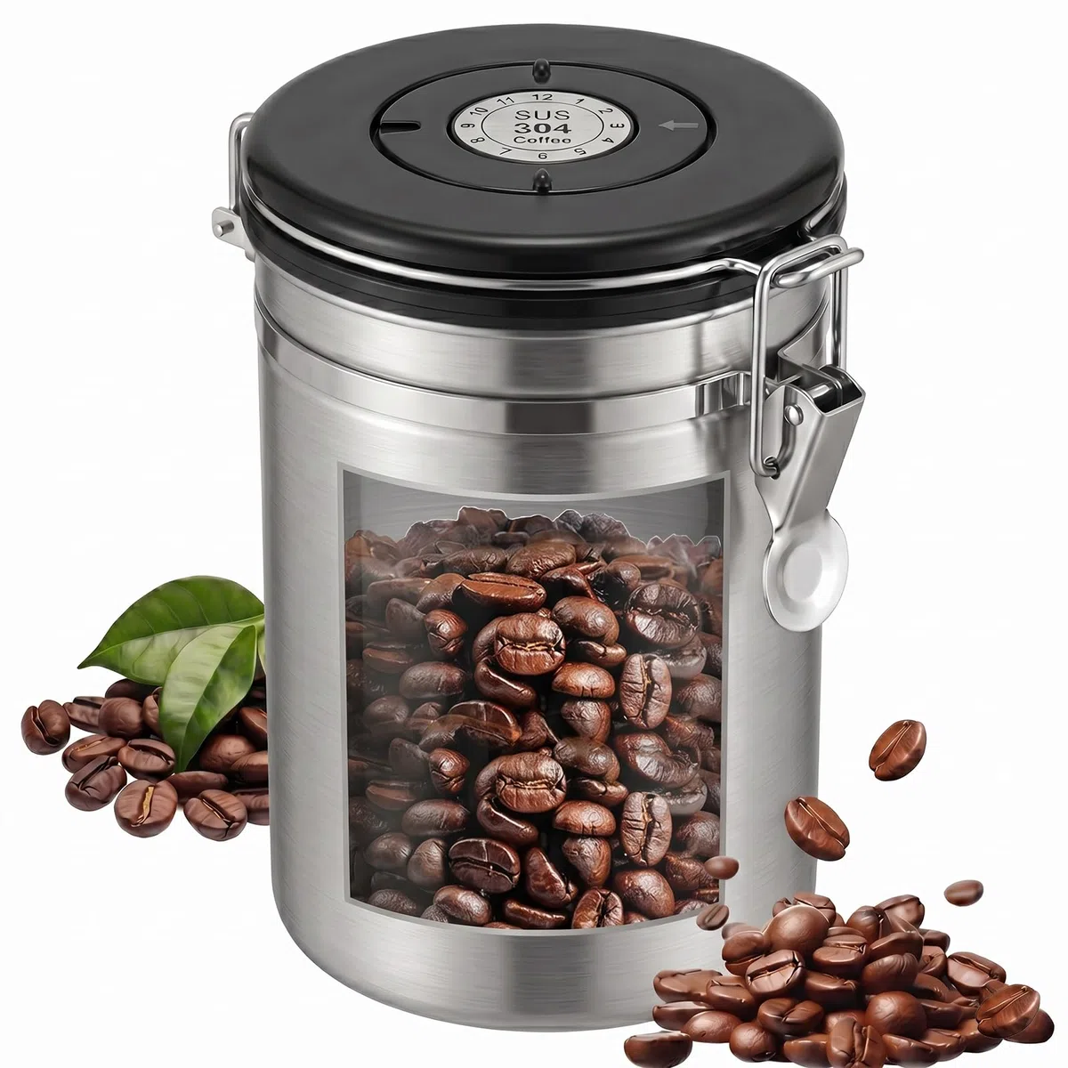 Contenitore per chicchi di caffè, barattolo ermetico in acciaio inox